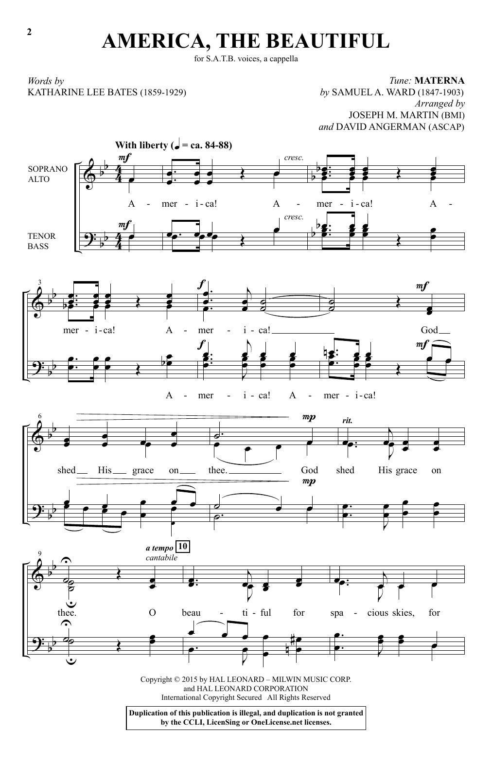 David Angerman America, The Beautiful sheet music notes and chords. Download Printable PDF.