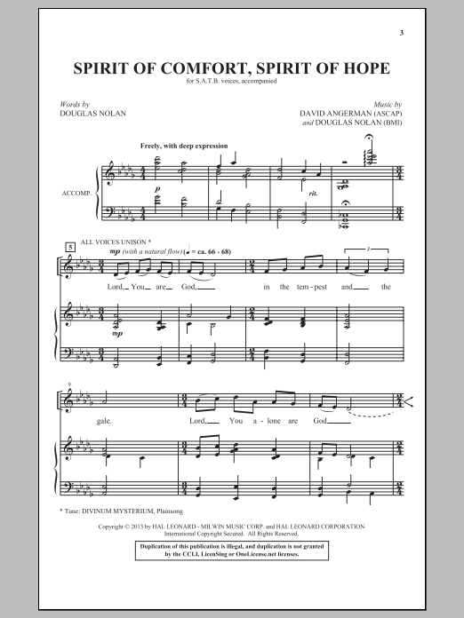 Learn to play David Angerman Spirit Of Comfort, Spirit Of Hope sheet music for SATB Choir in minutes. Price: 3.9900$ David Angerman Spirit Of Comfort, Spirit Of Hope sheet music notes and chords arranged for SATB Choir