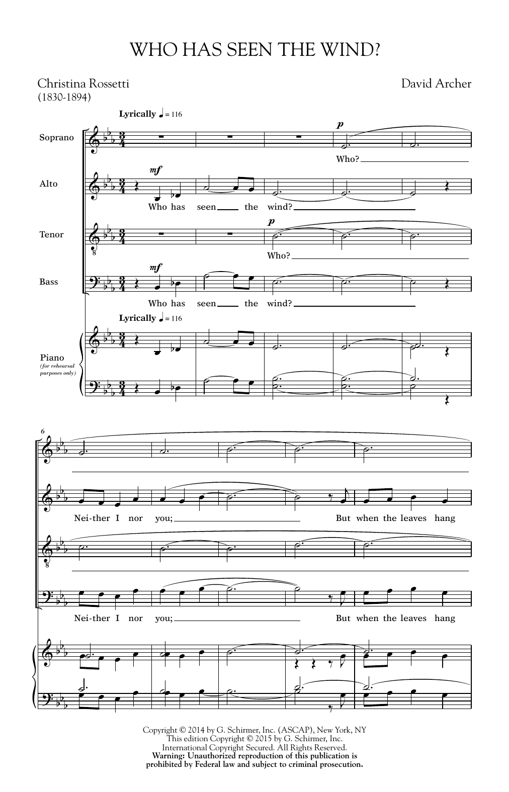 Learn to play David Archer Who Has Seen The Wind sheet music for SATB Choir in minutes. Price: 3.9900$ David Archer Who Has Seen The Wind sheet music notes and chords arranged for SATB Choir