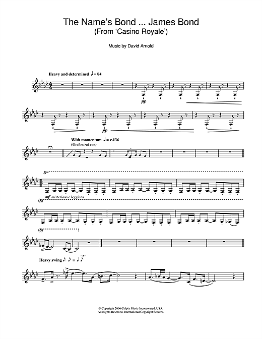 Learn to play David Arnold The Name's Bond ... James Bond (from Casino Royale) sheet music for Alto Sax Solo in minutes. Price: 6.9900$ David Arnold The Name's Bond ... James Bond (from Casino Royale) sheet music notes and chords arranged for Alto Sax Solo