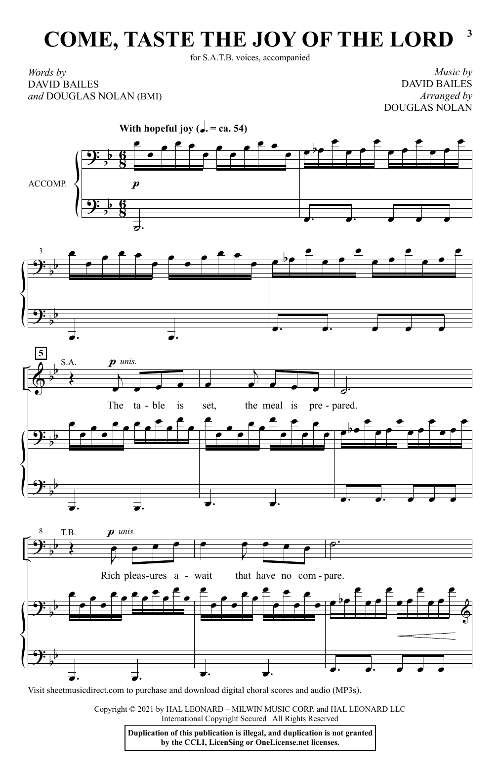 Learn to play David Bailes and Douglas Nolan Come, Taste The Joy Of The Lord (arr. Douglas Nolan) sheet music for SATB Choir in minutes. Price: 3.9900$ David Bailes and Douglas Nolan Come, Taste The Joy Of The Lord (arr. Douglas Nolan) sheet music notes and chords arranged for SATB Choir