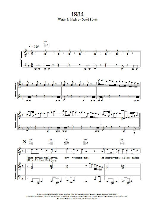Learn to play David Bowie 1984 sheet music for Piano, Vocal & Guitar in minutes. David Bowie 1984 sheet music notes and chords. Download Printable PDF.