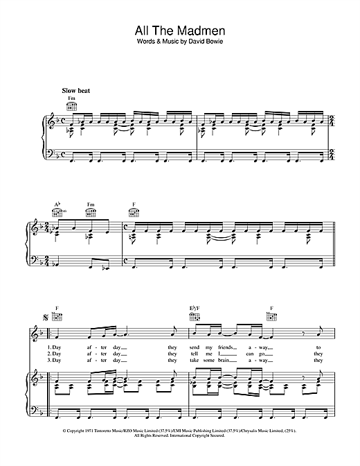 David Bowie All The Madmen sheet music notes and chords. Download Printable PDF.