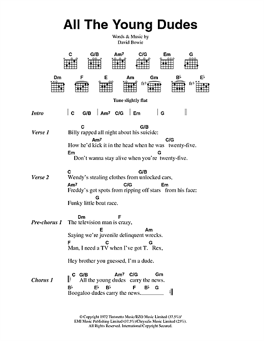 Learn to play David Bowie All The Young Dudes sheet music for Guitar Chords/Lyrics in minutes. David Bowie All The Young Dudes sheet music notes and chords. Download Printable PDF.