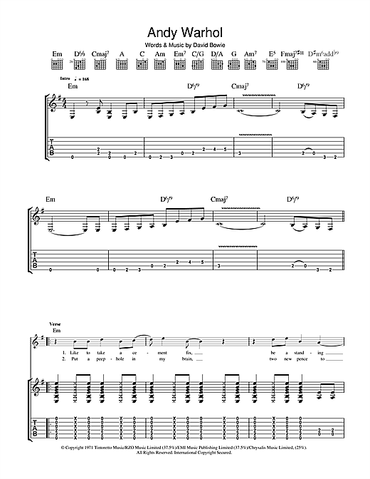 David Bowie Andy Warhol Sheet Music Pdf Notes Chords Rock Score Guitar Tab Download Printable Sku