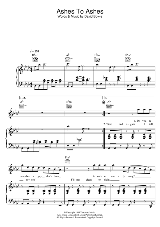 David Bowie Ashes To Ashes sheet music notes and chords. Download Printable PDF.