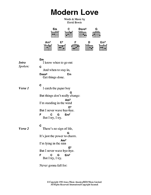 Learn to play David Bowie Modern Love sheet music for Guitar Chords/Lyrics in minutes. David Bowie Modern Love sheet music notes and chords. Download Printable PDF.
