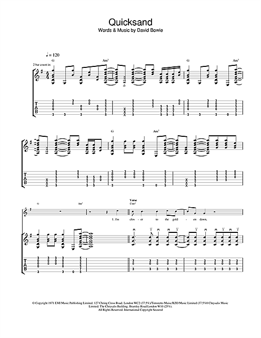 Preview David Bowie Quicksand Rock sheet music, notes and chords for Guitar Tab, SKU: 18848 sheet music, piano notes, chords, guitar tabs, score, transpose, transcribe, how to play, guide, download, learn, tutorial, progression, song, artist, awards, billboard, mtv, vh1, tour, single, album, release