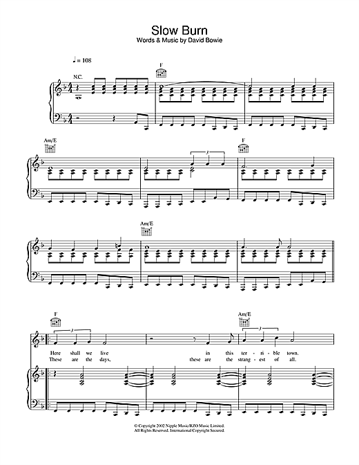 David Bowie Slow Burn sheet music notes and chords. Download Printable PDF.