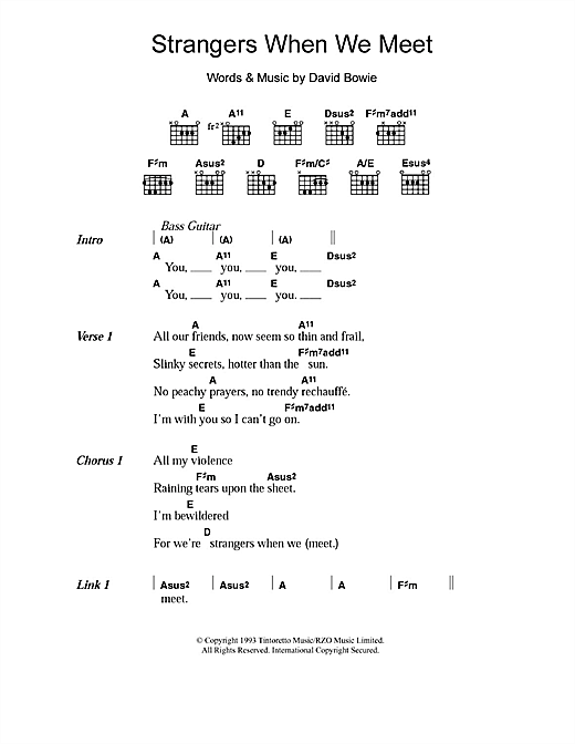 Learn to play David Bowie Strangers When We Meet sheet music for Guitar Chords/Lyrics in minutes. David Bowie Strangers When We Meet sheet music notes and chords. Download Printable PDF.
