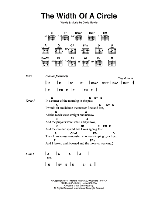Learn to play David Bowie The Width Of A Circle sheet music for Guitar Chords/Lyrics in minutes. David Bowie The Width Of A Circle sheet music notes and chords. Download Printable PDF.