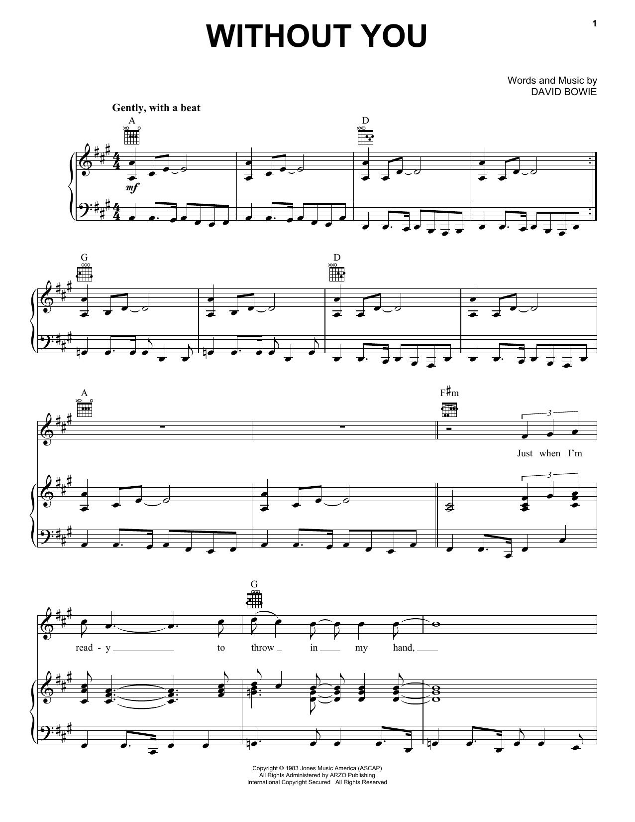 David Bowie Without You sheet music notes and chords. Download Printable PDF.