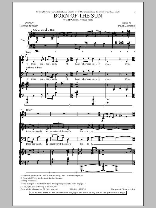 Learn to play David Brunner Born Of The Sun sheet music for TBB Choir in minutes. Price: 3.9900$ David Brunner Born Of The Sun sheet music notes and chords arranged for TBB Choir