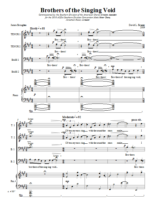 Learn to play David Brunner Brothers Of The Singing Void sheet music for TTBB Choir in minutes. Price: 3.9900$ David Brunner Brothers Of The Singing Void sheet music notes and chords arranged for TTBB Choir