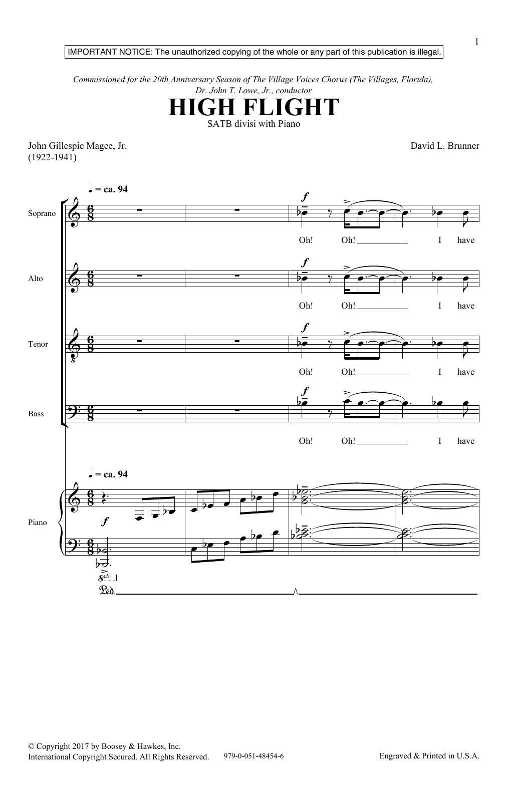 David Brunner High Flight sheet music notes and chords. Download Printable PDF.