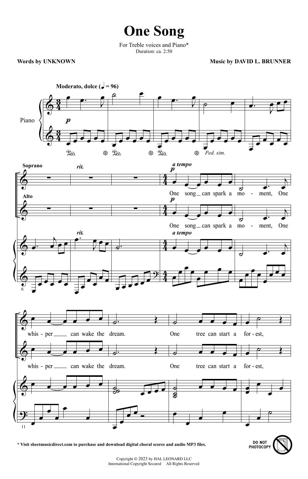 David Brunner One Song sheet music notes and chords. Download Printable PDF.