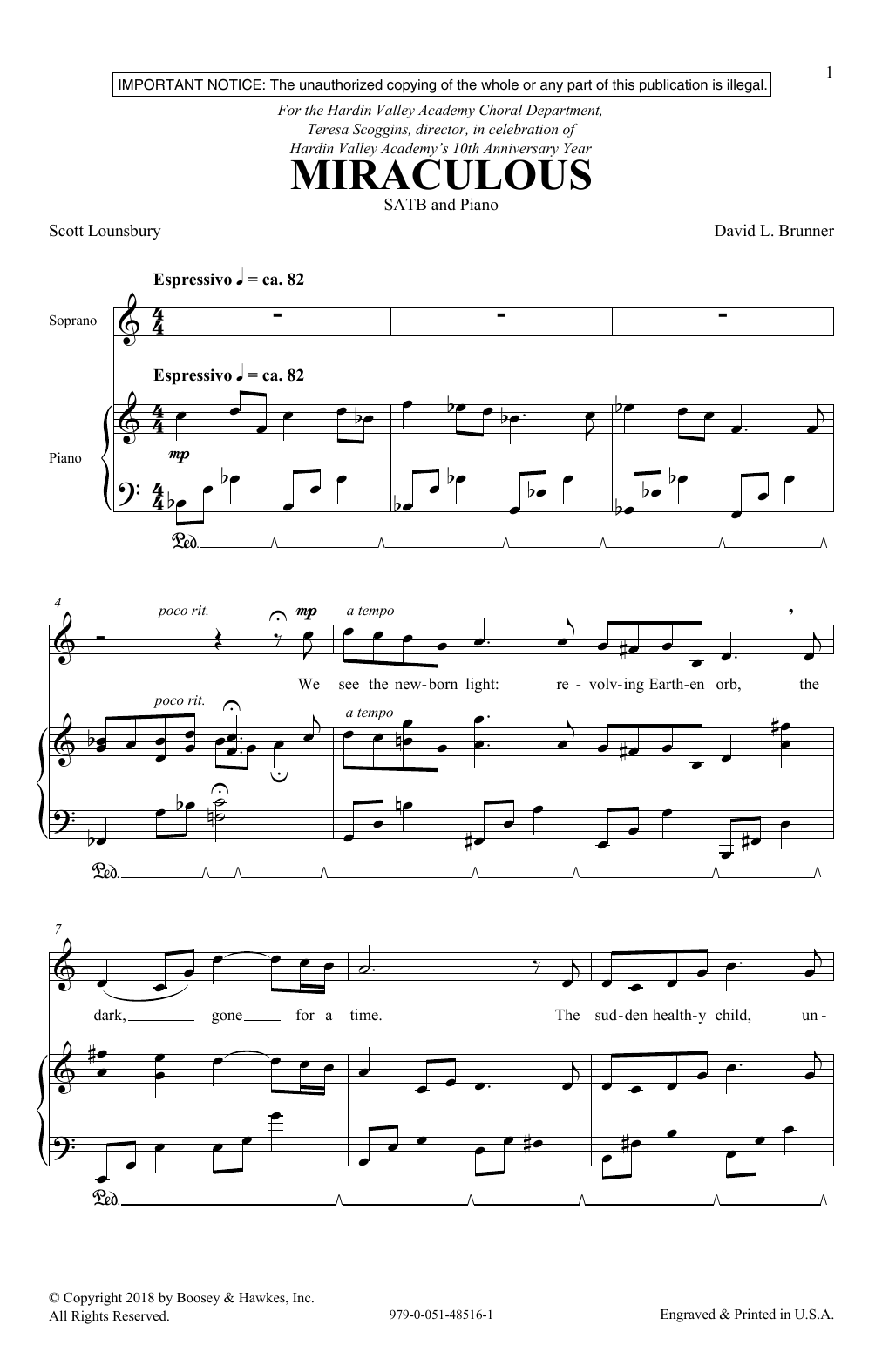 David Brunner And Scott Lounsbury Miraculous Sheet Music Pdf Notes Chords Festival Score Satb 5277