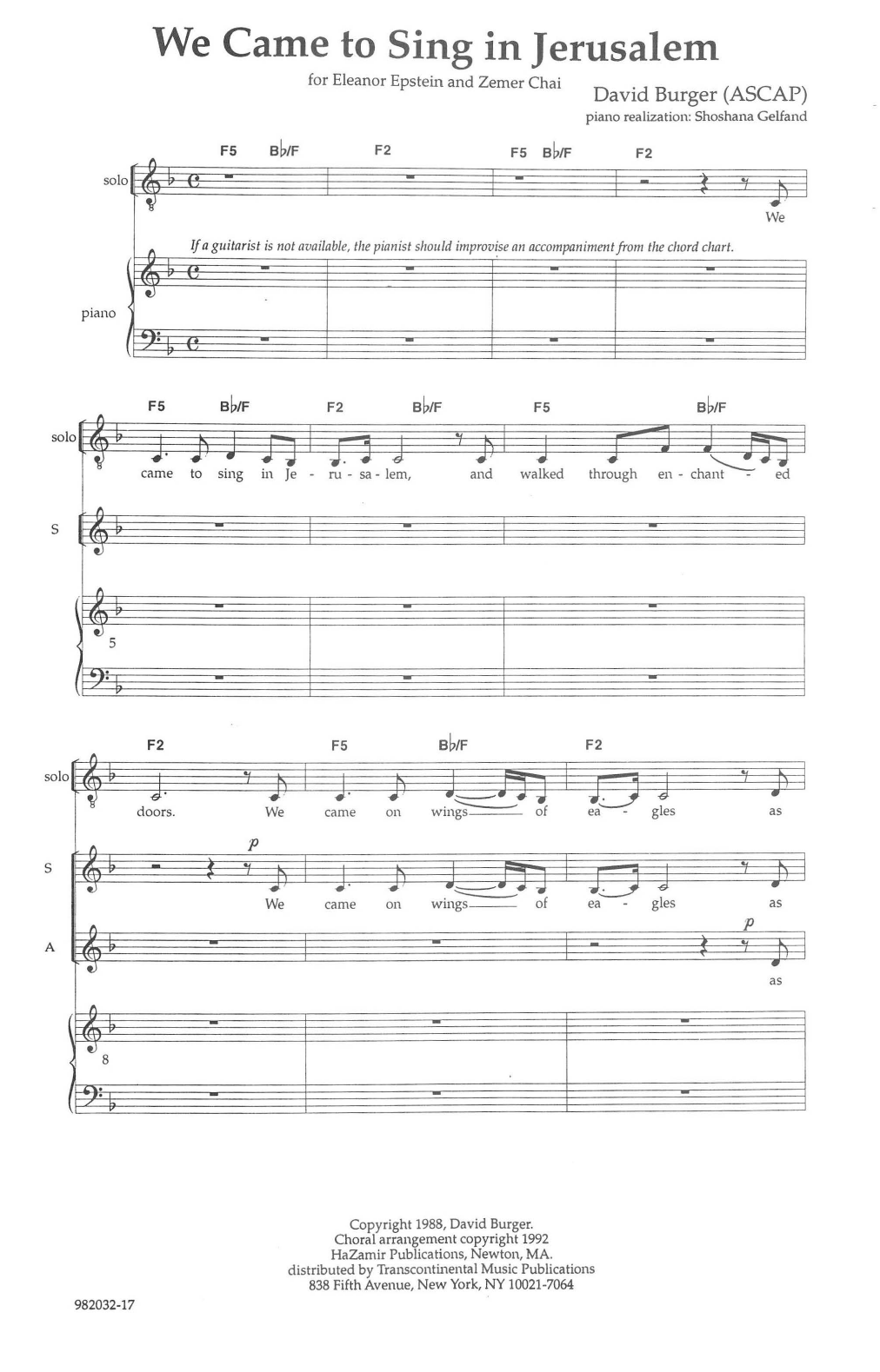 Learn to play David Burger We Came To Sing In Jerusalem sheet music for SATB Choir in minutes. Price: 3.9900$ David Burger We Came To Sing In Jerusalem sheet music notes and chords arranged for SATB Choir