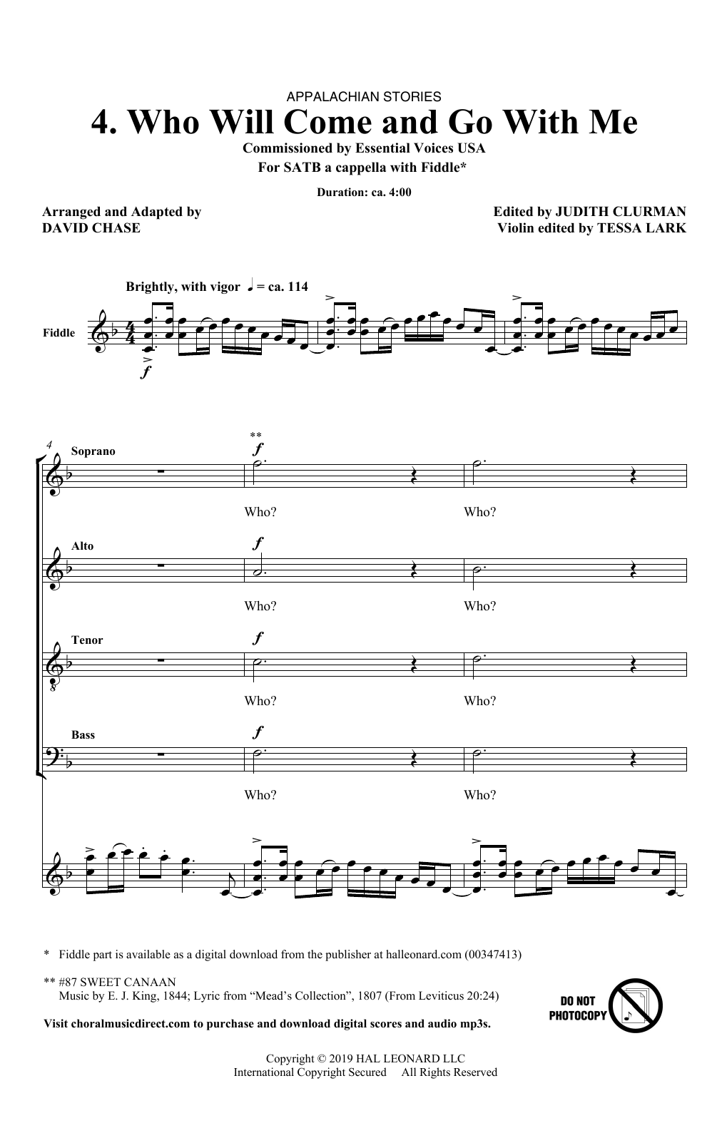 Learn to play David Chase Who Will Come And Go With Me (No. 4 from Appalachian Stories) sheet music for SATB Choir in minutes. Price: 3.9900$ David Chase Who Will Come And Go With Me (No. 4 from Appalachian Stories) sheet music notes and chords arranged for SATB Choir