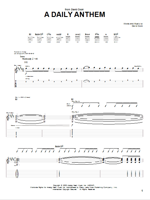 Learn to play David Cook A Daily Anthem sheet music for Guitar Tab in minutes. Price: 7.8900$ David Cook A Daily Anthem sheet music notes and chords arranged for Guitar Tab
