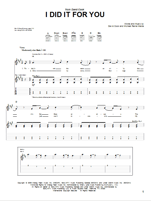 David Cook I Did It For You sheet music notes and chords arranged for Guitar Tab