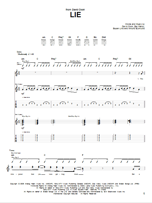 David Cook Lie sheet music notes and chords. Download Printable PDF.