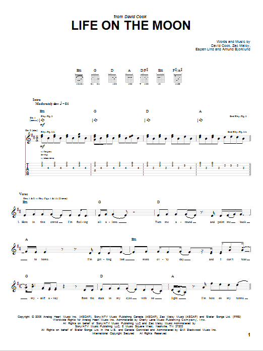 David Cook Life On The Moon sheet music notes and chords arranged for Guitar Tab
