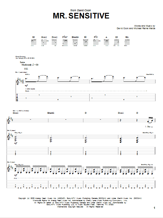Learn to play David Cook Mr. Sensitive sheet music for Guitar Tab in minutes. David Cook Mr. Sensitive sheet music notes and chords. Download Printable PDF.
