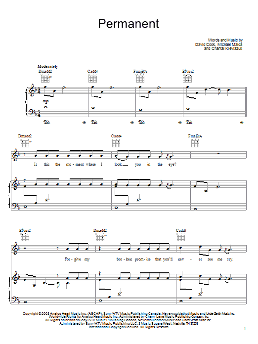 David Cook Permanent sheet music notes and chords. Download Printable PDF.