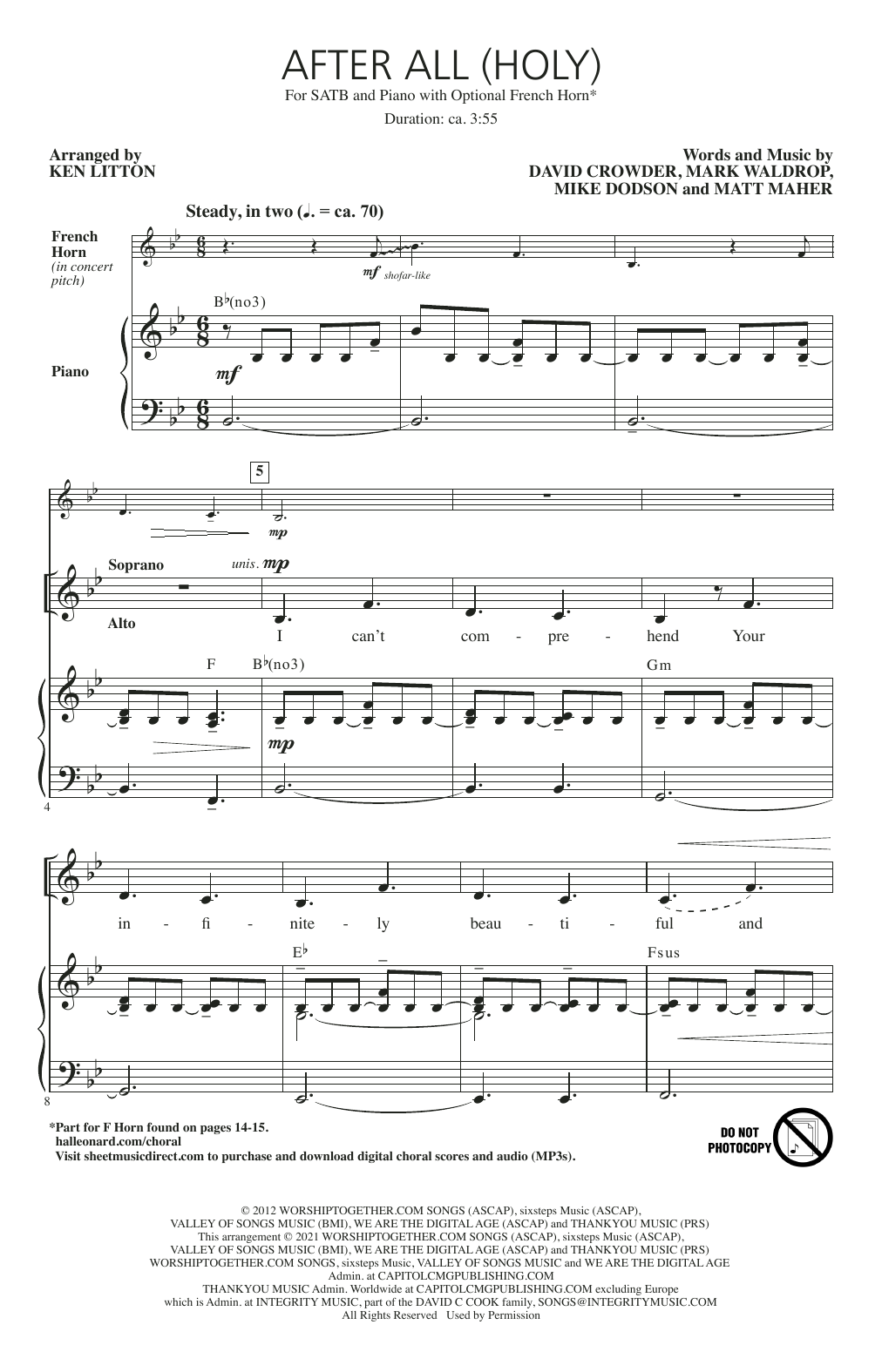 Learn to play David Crowder After All (Holy) (arr. Ken Litton) sheet music for SATB Choir in minutes. Price: 3.9900$ David Crowder After All (Holy) (arr. Ken Litton) sheet music notes and chords arranged for SATB Choir