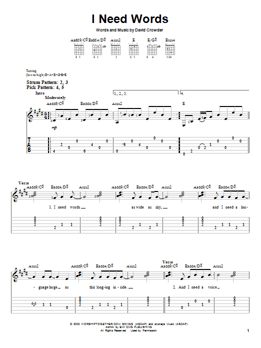 David Crowder Band I Need Words sheet music notes and chords. Download Printable PDF.