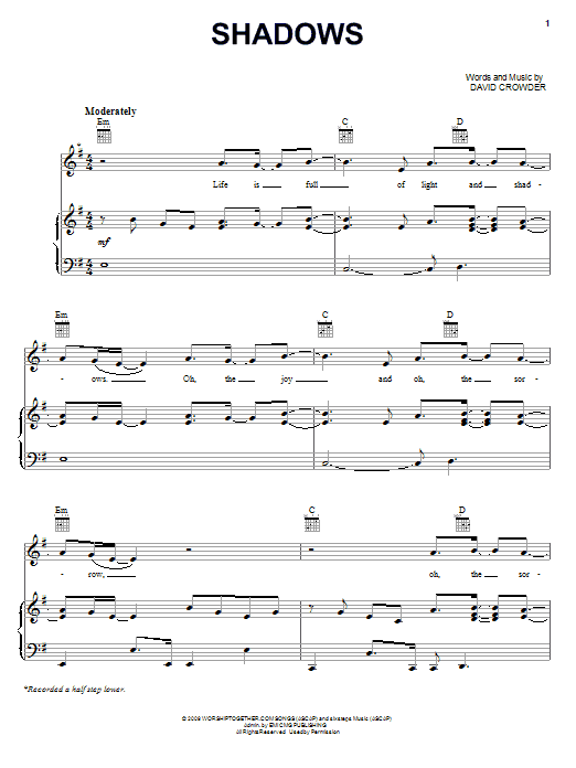 David Crowder Band Shadows sheet music notes and chords. Download Printable PDF.