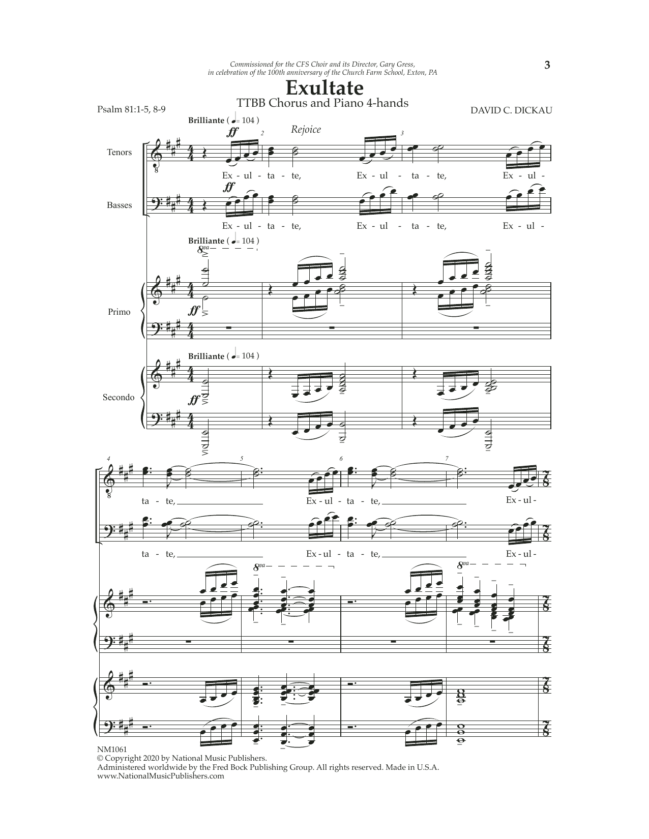 David Dickau Exultate sheet music notes and chords. Download Printable PDF.