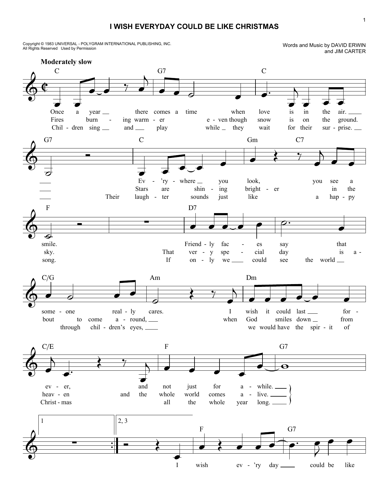 Jim Carter I Wish Everyday Could Be Like Christmas sheet music notes and chords arranged for Easy Lead Sheet / Fake Book