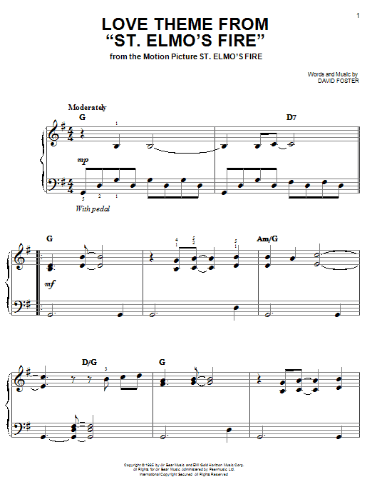 Learn to play David Foster Love Theme From St. Elmo's Fire sheet music for Easy Piano in minutes. David Foster Love Theme From St. Elmo's Fire sheet music notes and chords. Download Printable PDF.