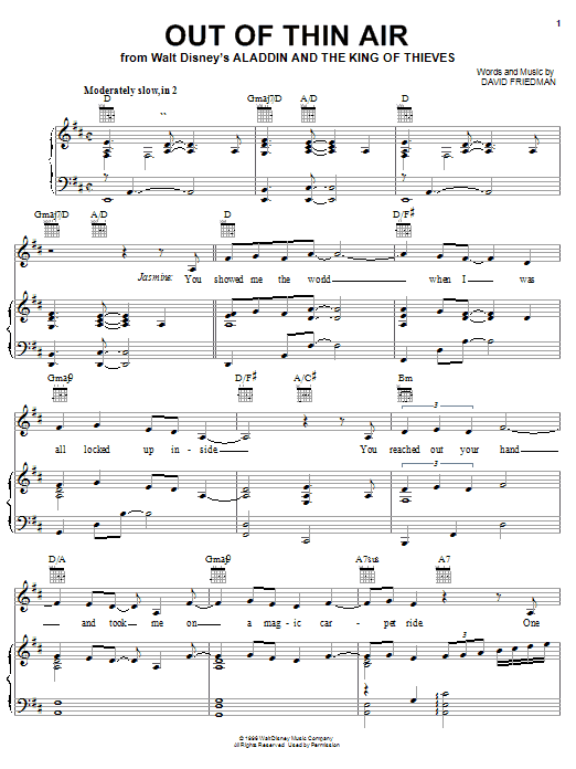 Learn to play David Friedman Out Of Thin Air (from Aladdin and the King of Thieves) sheet music for Big Note Piano in minutes. Price: 6.9900$ David Friedman Out Of Thin Air (from Aladdin and the King of Thieves) sheet music notes and chords arranged for Big Note Piano