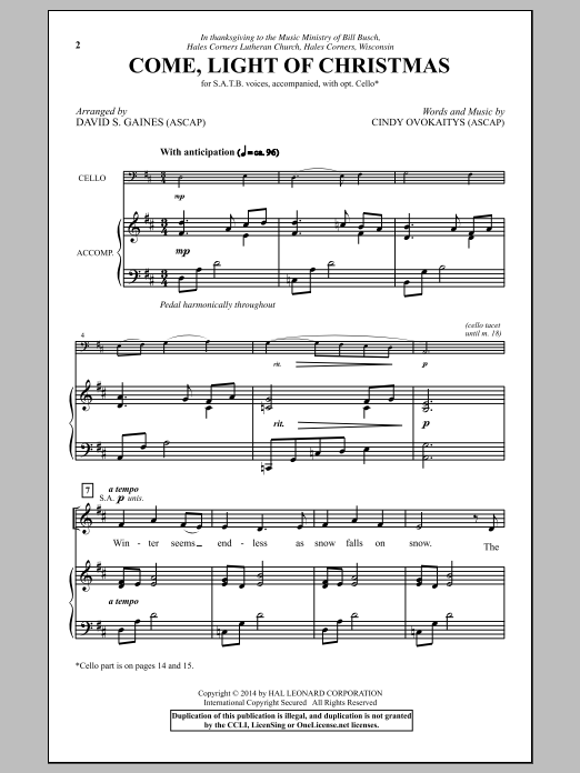 Learn to play David Gaines Come, Light Of Christmas sheet music for SATB Choir in minutes. Price: 3.9900$ David Gaines Come, Light Of Christmas sheet music notes and chords arranged for SATB Choir