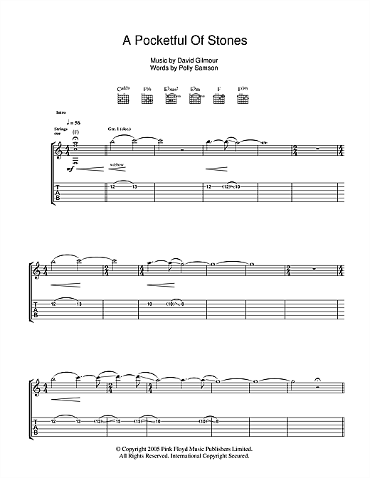 Learn to play David Gilmour A Pocketful Of Stones sheet music for Guitar Tab in minutes. Price: 7.8900$ David Gilmour A Pocketful Of Stones sheet music notes and chords arranged for Guitar Tab