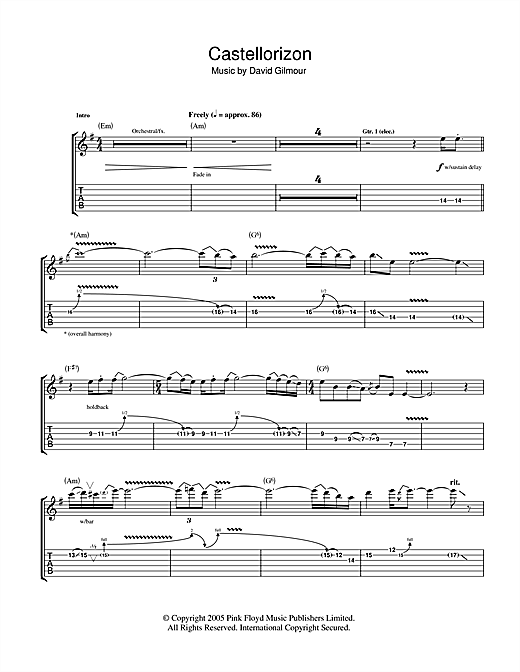 Learn to play David Gilmour Castellorizon sheet music for Guitar Tab in minutes. Price: 7.8900$ David Gilmour Castellorizon sheet music notes and chords arranged for Guitar Tab