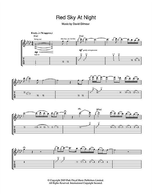 David Gilmour Red Sky At Night Sheet Music Pdf Notes Chords Rock Score Guitar Tab Download Printable Sku