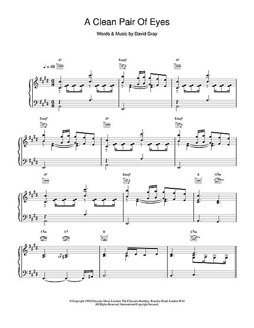 Learn to play David Gray A Clean Pair Of Eyes sheet music for Piano, Vocal & Guitar in minutes. David Gray A Clean Pair Of Eyes sheet music notes and chords. Download Printable PDF.