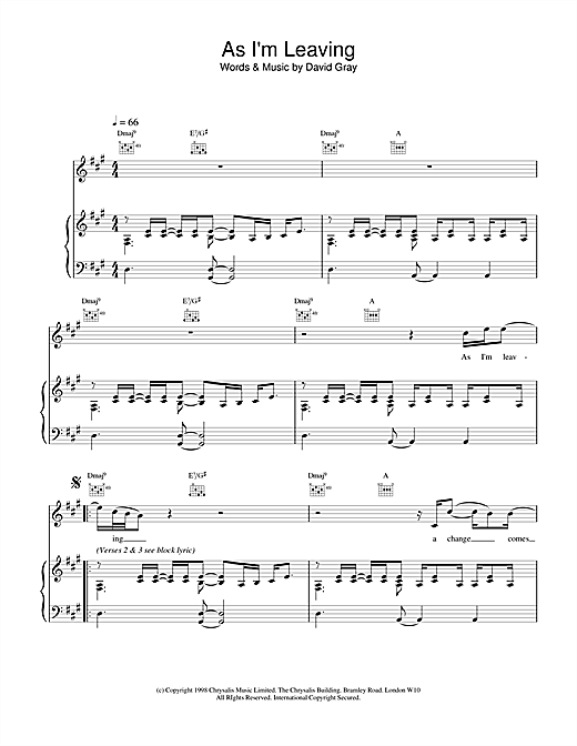 Learn to play David Gray As I'm Leaving sheet music for Piano, Vocal & Guitar in minutes. Price: 7.8900$ David Gray As I'm Leaving sheet music notes and chords. Download Printable PDF.