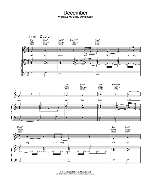 David Gray December sheet music notes and chords. Download Printable PDF.