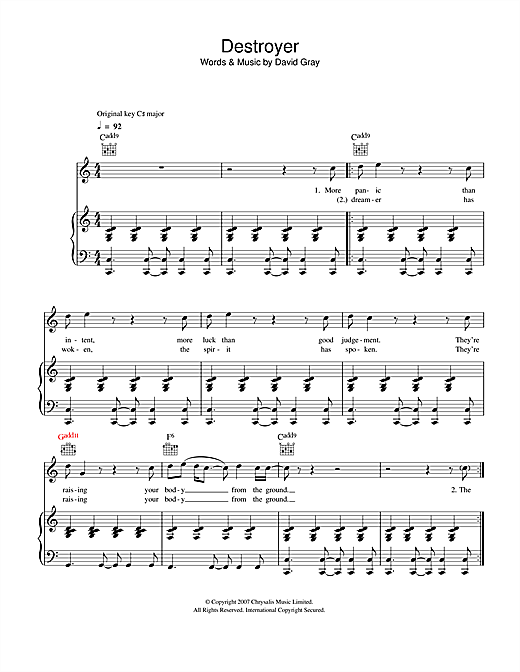 David Gray Destroyer sheet music notes and chords. Download Printable PDF.