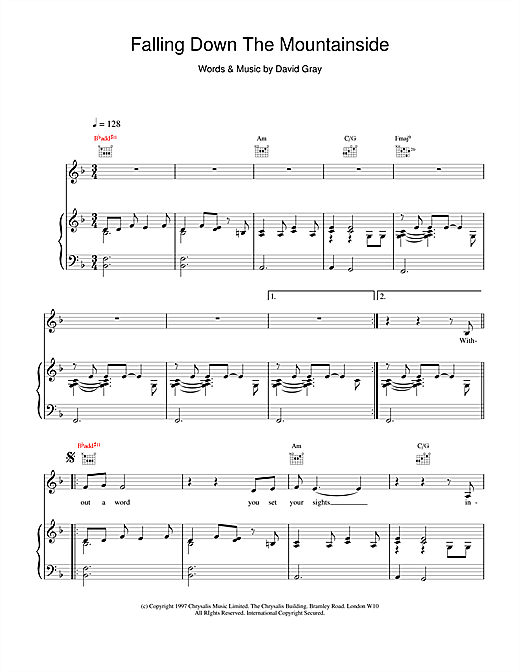 Learn to play David Gray Falling Down The Mountainside sheet music for Piano, Vocal & Guitar (Right-Hand Melody) in minutes. Price: 7.8900$ David Gray Falling Down The Mountainside sheet music notes and chords. Download Printable PDF.