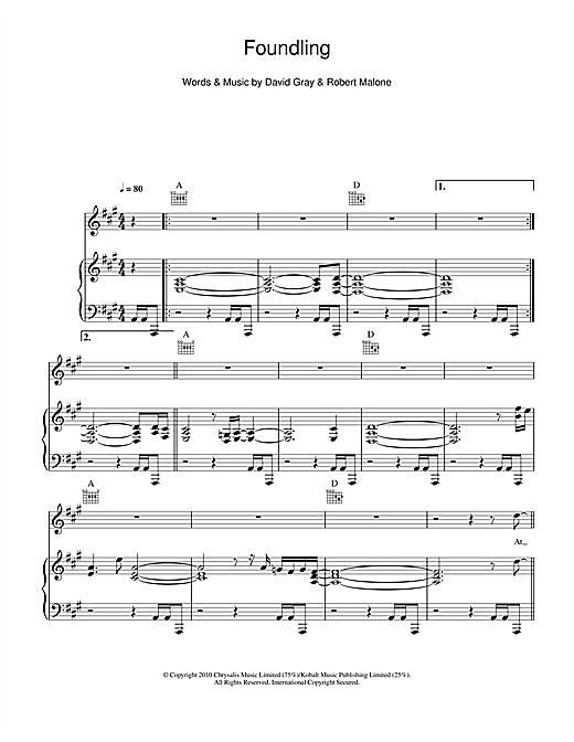 David Gray Foundling sheet music notes and chords. Download Printable PDF.