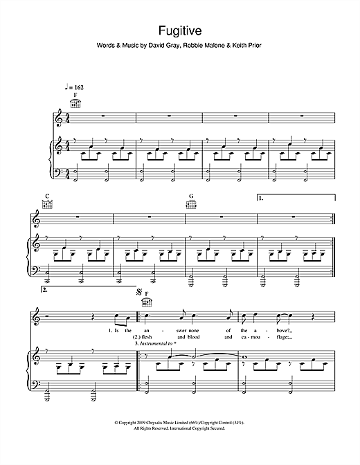 David Gray Fugitive sheet music notes and chords. Download Printable PDF.