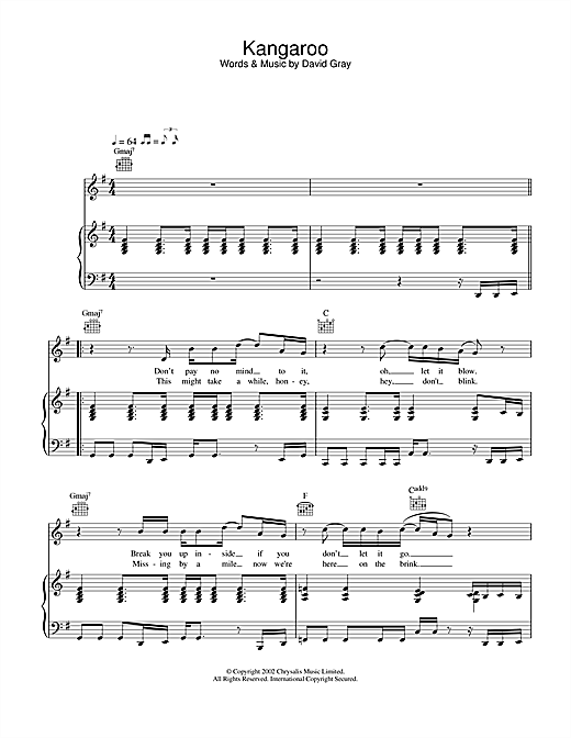 David Gray Kangaroo sheet music notes and chords. Download Printable PDF.