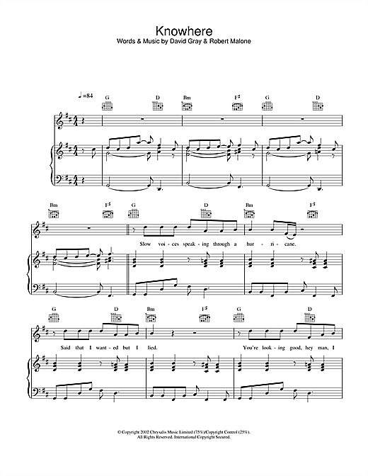 David Gray Knowhere sheet music notes and chords. Download Printable PDF.