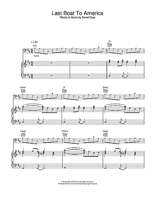 Learn to play David Gray Last Boat To America sheet music for Piano, Vocal & Guitar in minutes. Price: 7.7900$ David Gray Last Boat To America sheet music notes and chords. Download Printable PDF.